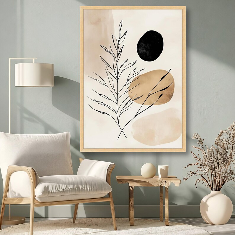 Minimalistisk botanisk canvastavla, abstrakt naturdesign, modern linjekonsttryck, heminredning i neutrala toner, redo att hängas upp canvas bild 7