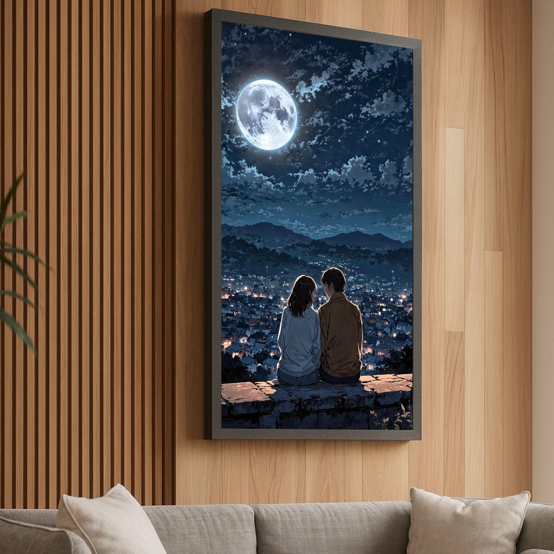 Romantic Night Skyline, Couple Under Full Moon Canvas, City Lights Wall ...