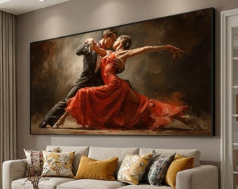Passionate Tango Dance Couple, Red Dress Ballroom Canvas, Romantic Dance Art, Elegant Couple Wall Decor, Vibrant Dance Painting