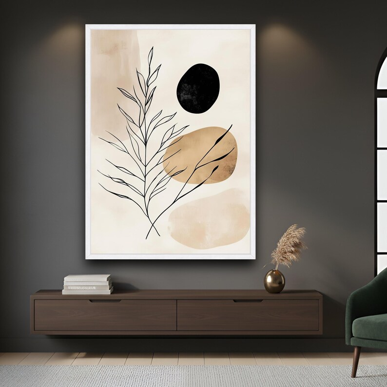 Minimalistisk botanisk canvastavla, abstrakt naturdesign, modern linjekonsttryck, heminredning i neutrala toner, redo att hängas upp canvas bild 6