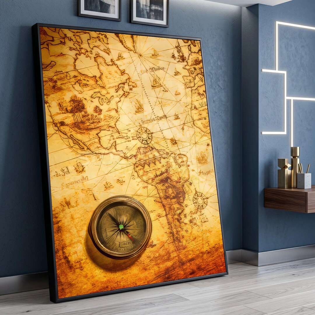 Vintage Nautical Map Canvas, Antique Compass Wall Art, Exploration ...