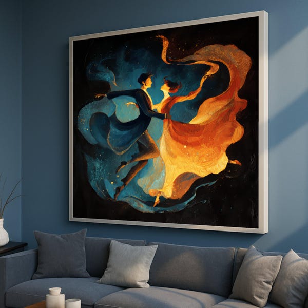 Elegant Couple Dancing Canvas, Modern Romantic Wall Art, Flowing Dress Painting, Dynamic Movement Canvas, Abstract Love Home Decor