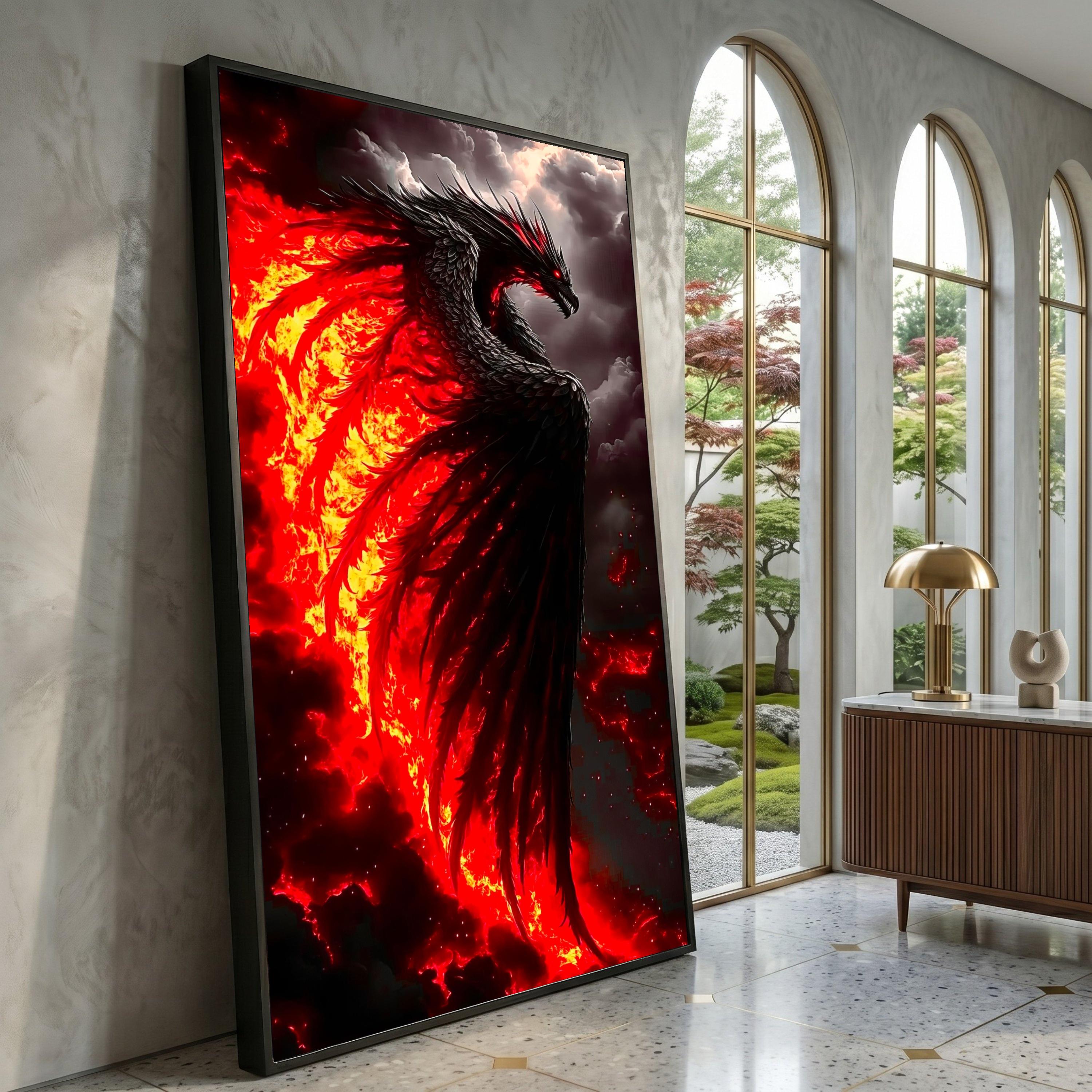 Fiery Dark Phoenix Canvas Wall Art, Mythical Bird of Fire, Fantasy