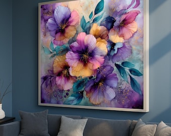 Vibrant Purple and Gold Floral Canvas, Abstract Flower Wall Art, Colorful Botanical Painting, Elegant Home Decor, Ready to Hang Canvas