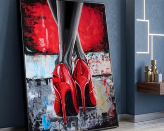Chic Red High Heels Canvas, Modern Fashion Wall Art, Abstract Glamour Shoes, Stylish Home Decor, Bold Statement Canvas Painting