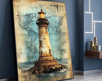 Vintage Lighthouse Canvas Wall Art, Nautical Map Background, Maritime Decor, Coastal Lighthouse Illustration, Ocean Theme Canvas, Rustic