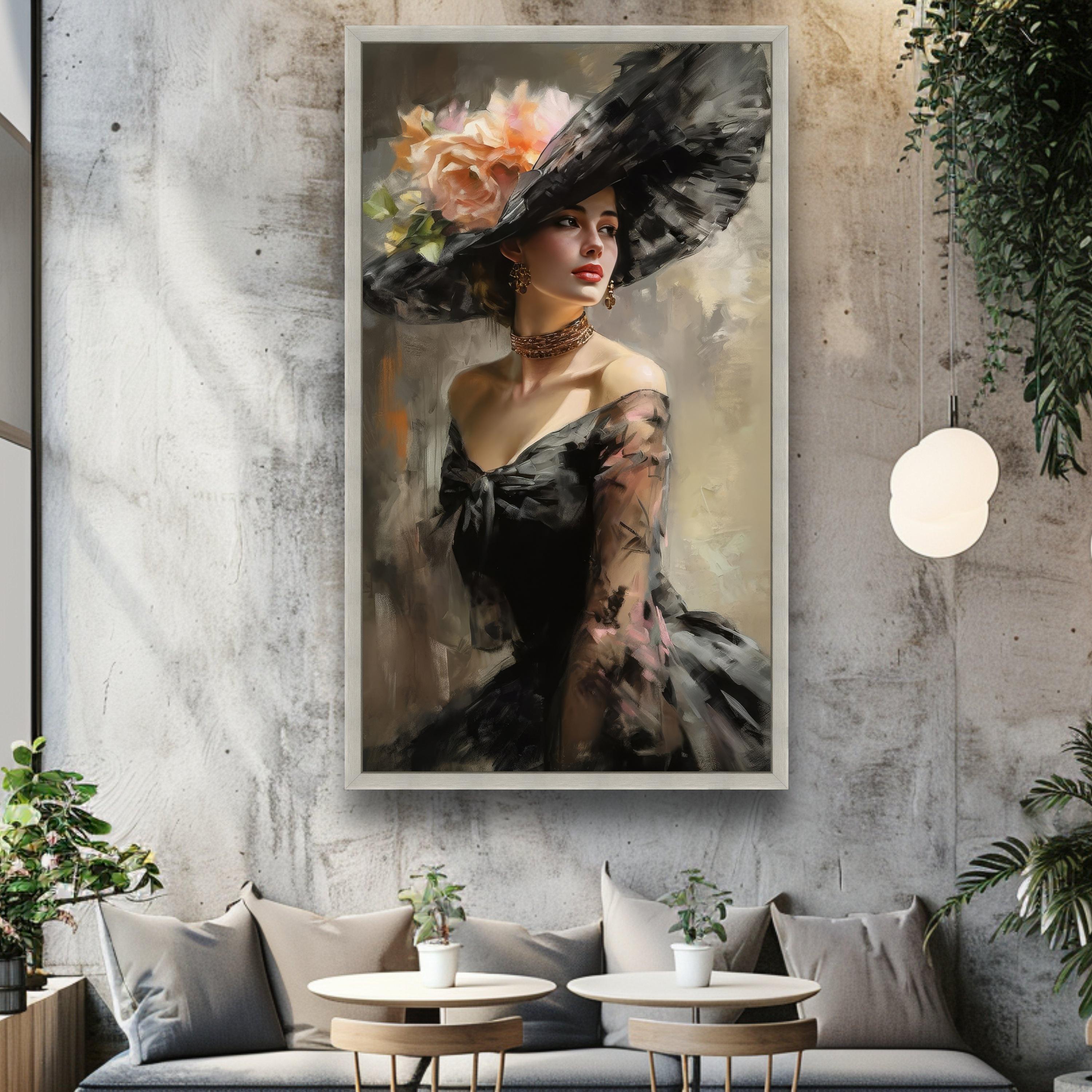 Elegant Lady Portrait, Vintage Fashion Canvas, Floral Hat Wall Art ...