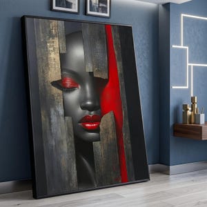 Dramatic Black Woman Portrait Canvas, Red Makeup Face Art, Wood Panel Effect, Modern Wall Decor, Home Art Gallery Print