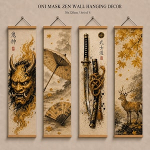Rollo de lienzo zen japonés / Decoración de espada samurái y hoja de arce / Póster decorativo asiático para colgar en la pared