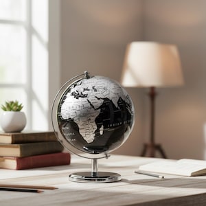 Könnte beinhalten: Ein schwarz-silberner Globus auf einem silbernen Metallständer. Der Globus zeigt eine Weltkarte mit weißen Kontinenten und schwarzen Ozeanen. Der Globus ist etwa 30 cm hoch und steht auf einem Holztisch.