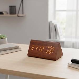 Könnte beinhalten: Eine digitale Dreiecksuhr aus Holz, die Zeit, Luftfeuchtigkeit und Temperatur anzeigt. Die Uhr hat eine warme Holzmaserung und eine hellorange digitale Anzeige. Die Uhrzeit ist 21:12, mit 45 % Luftfeuchtigkeit und einer Temperatur von 28 Grad Celsius.