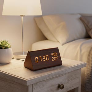Reloj despertador digital minimalista de madera - Reloj de escritorio triangular LED con temperatura y humedad