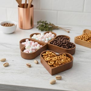 May include: Wooden heart-shaped serving dishes filled with snacks, including pretzels, marshmallows, and chocolate-covered candies. A copper utensil holder and a small white bowl are also visible.