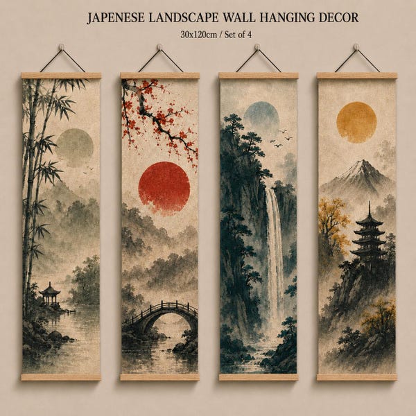 Tapiz mural japonés Wabi-Sabi / Impresión en lienzo de paisaje zen / Arte de sol rojo, cerezos en flor y pagoda