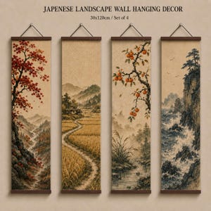 May include: A set of four vertical wall hangings titled JAPENESE LANDSCAPE WALL HANGING DECOR, each measuring 30x120cm. The prints feature detailed landscape scenes including a red maple tree, a rural path, fruit-bearing branches, and a rocky coastline.