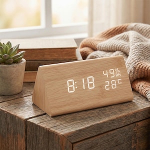 Minimalist Wooden Digital Alarm Clock - LED Triangle Desk Clock with Temperature & Humidity