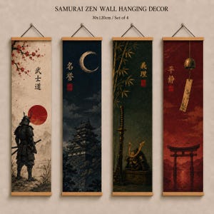 May include: A set of four vertical wall hangings titled SAMURAI ZEN WALL HANGING DECOR, each measuring 30x120cm. The panels feature a samurai, a castle under a crescent moon, a katana with a helmet, and a torii gate with a wind chime, all with text.