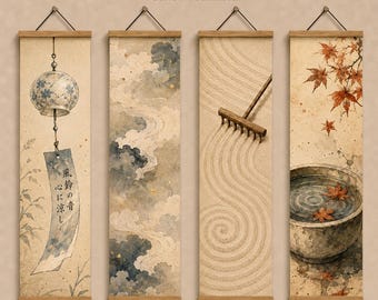 May include: A set of four vertical wall scrolls titled Elements Of Breath Meditation Scroll Art, each measuring 30x120cm. The scrolls feature watercolor illustrations of a wind chime, swirling clouds, a raked sand garden, and maple leaves in water.