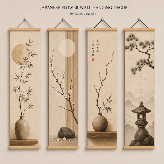 Japanese Zen Hanging Scroll Wall Art | Pine, Plum & Bamboo Canvas
