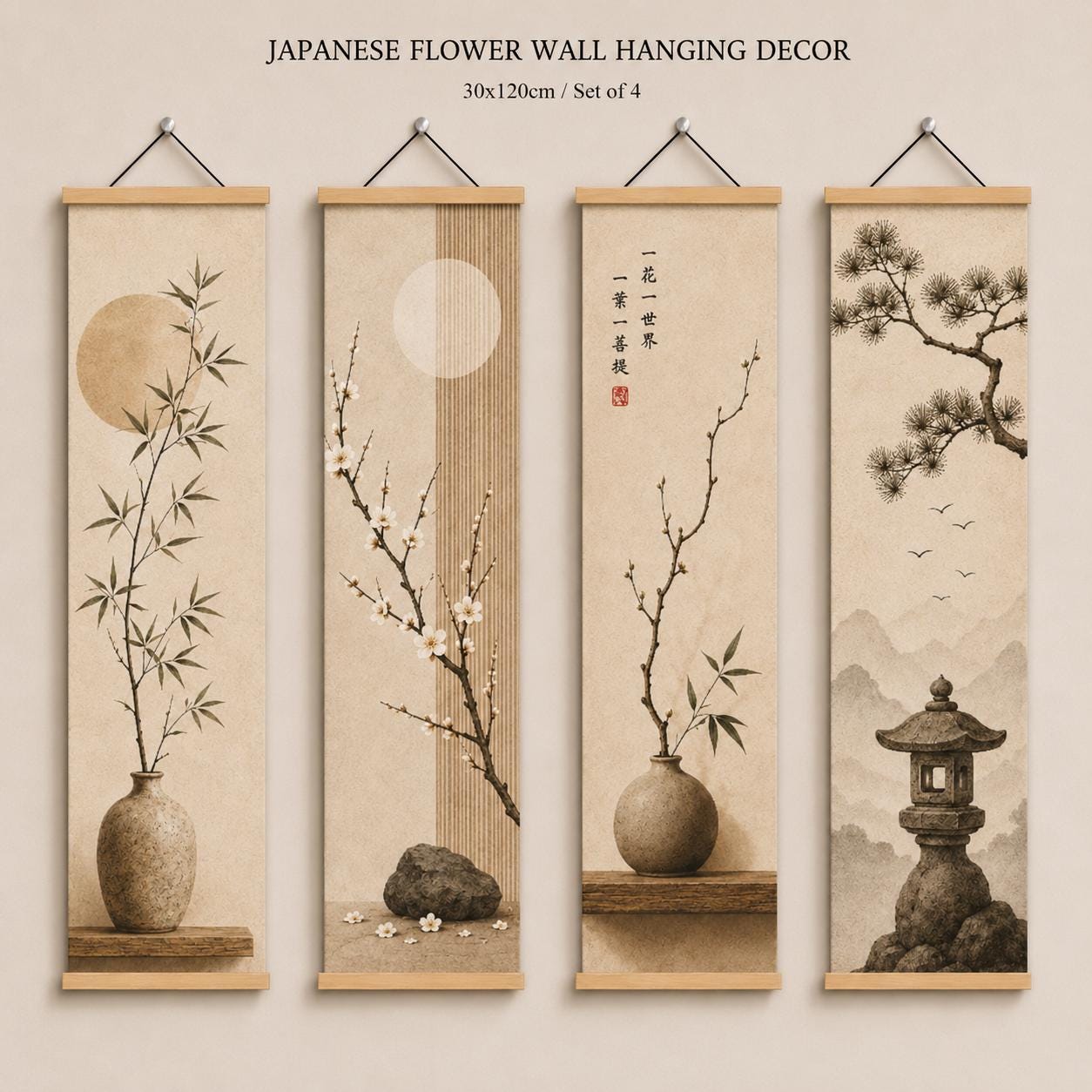 Japanese Zen Hanging Scroll Wall Art | Pine, Plum & Bamboo Canvas
