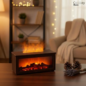 May include: A dark brown rectangular electric fireplace with a realistic flame effect. The fireplace has a glass front and a wooden frame. The flames are orange and yellow, and the logs appear to be glowing. Cozy Decor logo is visible.
