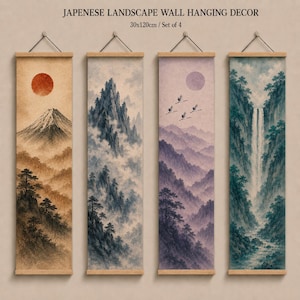 May include: A set of four vertical wall hangings titled "JAPENESE LANDSCAPE WALL HANGING DECOR" measuring 30x120cm each. The prints feature mountain landscapes with a red sun, misty peaks, flying birds, and a waterfall in various color palettes.