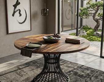 Round Wood Dining Table, 47" Industrial Metal Base, Modern Pedestal Furniture
