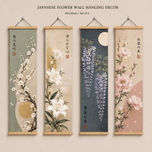 May include: A set of four vertical wall hangings, each measuring 30x120cm, featuring floral illustrations. The panels display white cherry blossoms, white lilies, purple wisteria under a moon, and pink peonies, all with Japanese text and wooden rods.