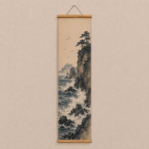 Japanese Landscape Canvas Scroll | Japandi Wall Art | Ink Style Wabi Sabi Hanging Decor Ocean Cliffs