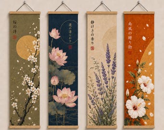 May include: A set of four vertical wall hangings measuring 30x120cm each. The panels feature botanical illustrations of cherry blossoms, lotus flowers, lavender, and hibiscus against textured backgrounds with Japanese calligraphy and gold circles.