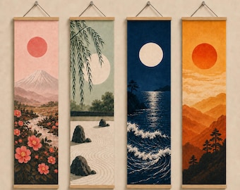 Japanese Canvas Wall Scrolls | Zen Landscape, Mt. Fuji, Moonlit Ocean Art