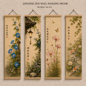May include: A set of four vertical wall hanging scrolls, each measuring 30x120cm, featuring traditional ink-style illustrations. The panels depict blue morning glories, a hanging lantern, pink cosmos flowers with butterflies, and koi fish in a pond.