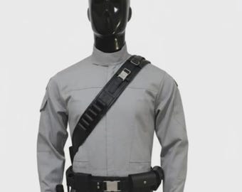 Conjunto de cosplay de cazador de recompensas con traje de vuelo gris desgastado