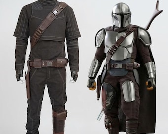 Traje de vuelo mandaloriano de Din Djarin / Disfraz de cosplay de Star Wars / Traje de cazarrecompensas con cinturón de cuero y bandolera