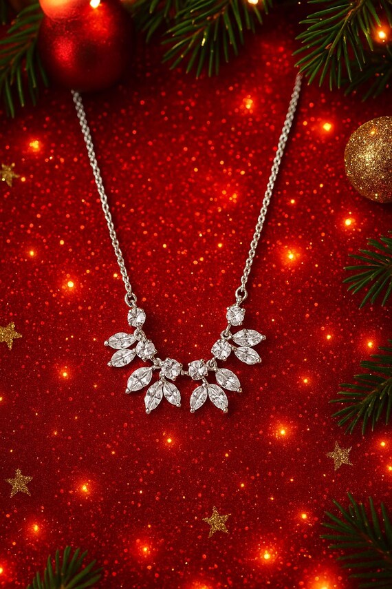 Silver Leaf Crystal Necklace • Sparkling Statemen… - image 5