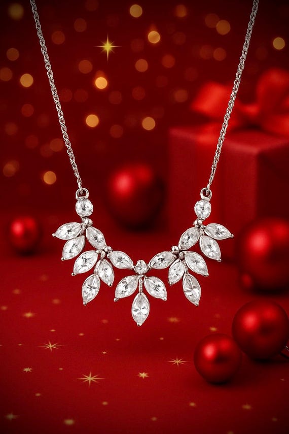 Silver Leaf Crystal Necklace • Sparkling Statemen… - image 4