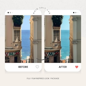 May include: A split-screen image showcasing a photo editing comparison. The left side displays "BEFORE" with a building view, while the right side shows "AFTER." The text "NOIR EDIT LAB" and "FUJI FILM INSPIRED LOOK PACKAGE" are also visible.
