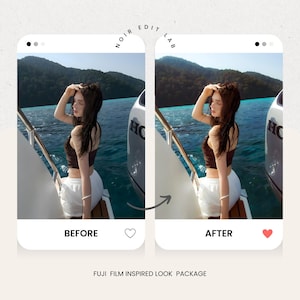 May include: Image comparison of a photo before and after editing. The "before" image shows a person on a boat, wearing a brown top and white shorts. The "after" image shows the same scene with enhanced colors. Text at the bottom reads "FUJI FILM INSPIRED LOOK PACKAGE."