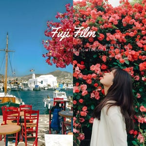 May include: A split-screen image featuring a scenic harbor view and a woman near a blooming rose bush. The harbor side shows white buildings, boats, and red chairs. The other side displays a woman with long dark hair and a white shirt, with the text "Fuji Film" and "Preset for Lightroom Mobile".