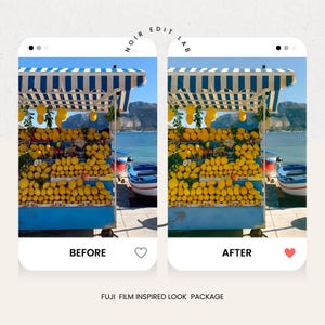 May include: A side-by-side comparison of a photo before and after editing, showcasing a fruit stand filled with yellow lemons. The stand has a blue and white striped awning. The text "NOIR EDIT LAB" is at the top, and "FUJI FILM INSPIRED LOOK PACKAGE" is at the bottom.