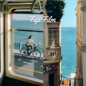 May include: A split image featuring a person riding a bicycle along a coastal road, framed by a train window. The right side shows a building with a balcony overlooking the ocean. Text includes "NOIR EDIT LAB", "Fuji Film", and "PRESET FOR LIGHTROOM MOBILE".
