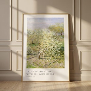 Lámina decorativa con el versículo bíblico Proverbios 3:5, estilo Monet, paisaje primaveral (descarga digital).