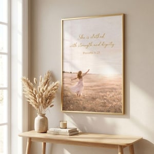 Ze is gekleed met kracht Spreuken 31:25 afdrukbare muurkunst, bijbelvers afdrukken, cadeau voor vrouwen, decor christelijk schrift