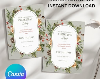 May include: Two Christmas party invitations with a festive design. The invitations feature a light gray background with watercolor-style pine branches, berries, and dried orange slices. Text includes "Christmas Party" and the date.