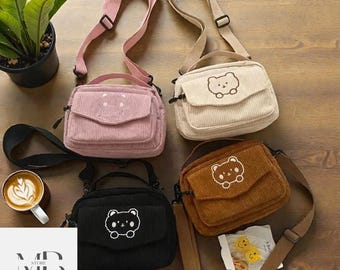 Gepersonaliseerde corduroy schoudertas met teddybeer, geborduurde pluche portemonnee