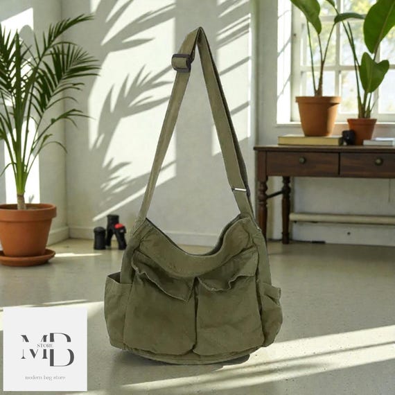Large Capacity Canvas Messenger Bag,Casual Crossbody Shoulder Bag, Solid Color Aesthetic School Satchel,Ladies Travel Handbag, Y2K Style