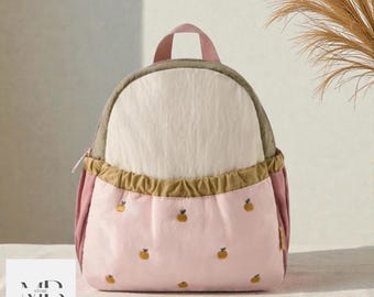 Apple Embroidery Toddler Backpack – Color Block Kindergarten Bag