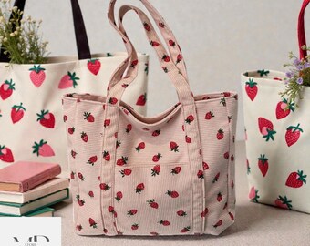 Kawaii Strawberry Corduroy Tote Bag, Quilted Velvet Shopper