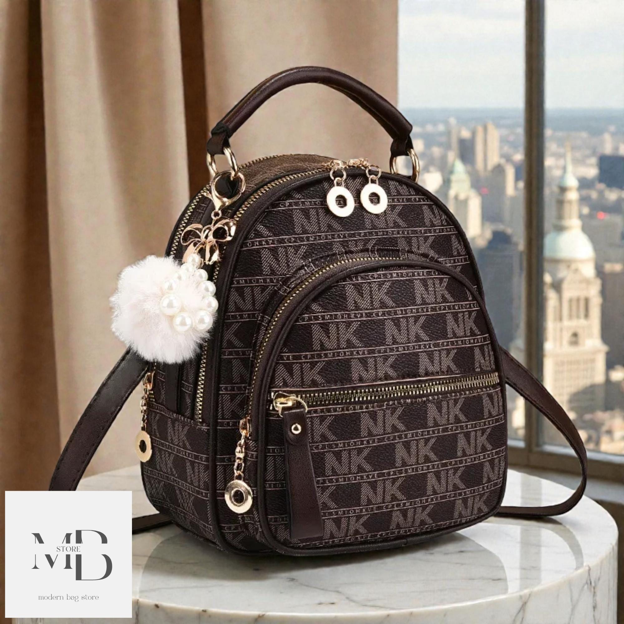 Faux Leather Mini Backpack with Pom-Pom Charm, Applique Details Faux Leather Mini Backpack With Pom-pom Charm - Etsy New Zealand main image 3