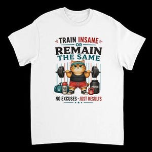 Funny Cat Weightlifting T-Shirt | Train Insane Gym Graphic Tee image 3